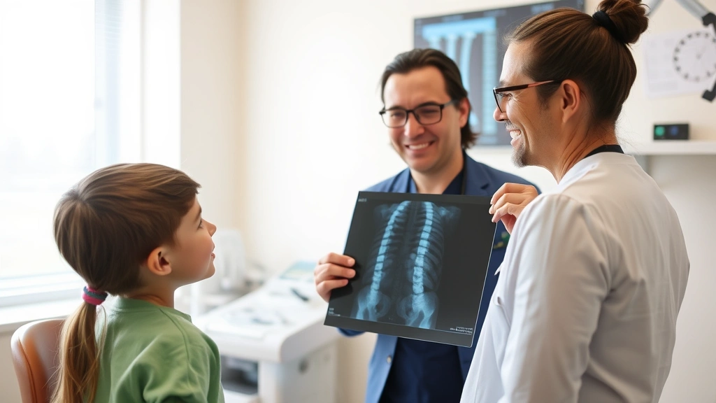 Doctor or medical professional explaining X-ray results to young patient, showing growth plate imaging, professional medical office setting, educational moment, caring demeanor