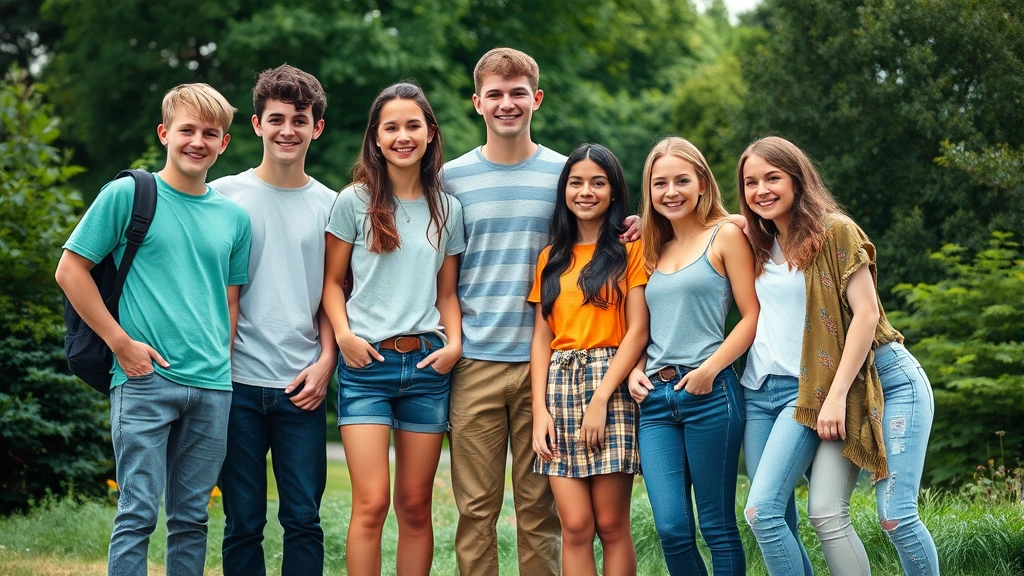 Diverse group of teenagers of varying heights standing together smiling, representing different growth stages and skeletal maturity, natural outdoor setting, inclusive representation