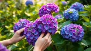 Person examining vibrant purple and blue hydrangea flowers in full bloom with healthy green foliage, touching petals gently, natural garden setting with soft morning light