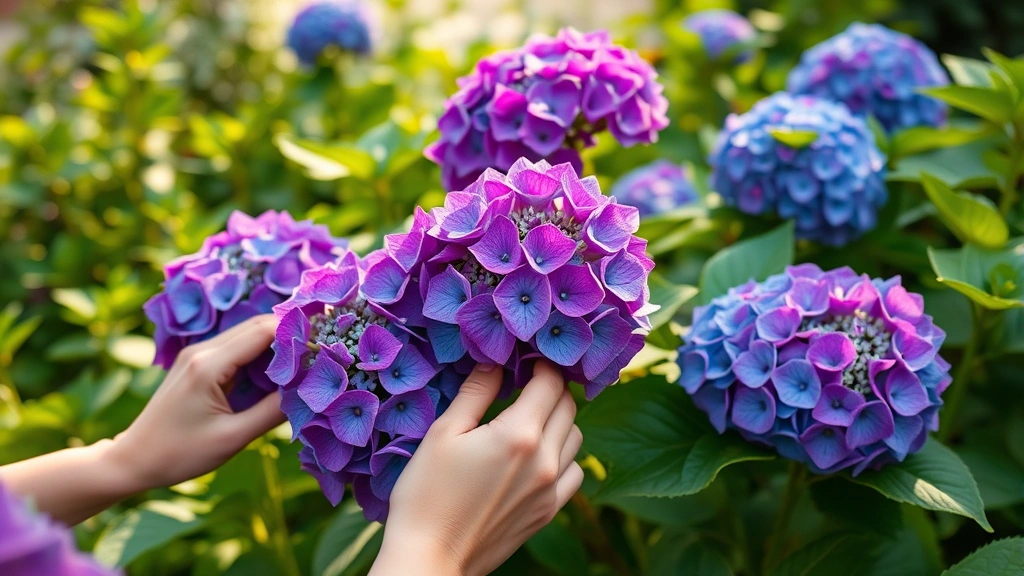 Person examining vibrant purple and blue hydrangea flowers in full bloom with healthy green foliage, touching petals gently, natural garden setting with soft morning light