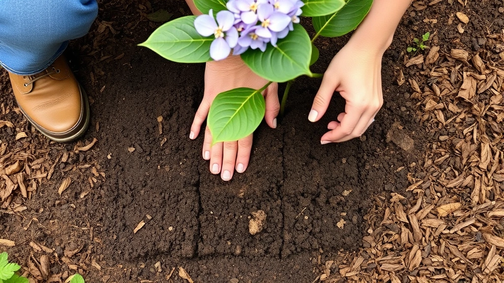 Gardener's hands working with rich dark soil and compost near hydrangea plant base, mulch visible, showing proper soil preparation techniques in garden bed