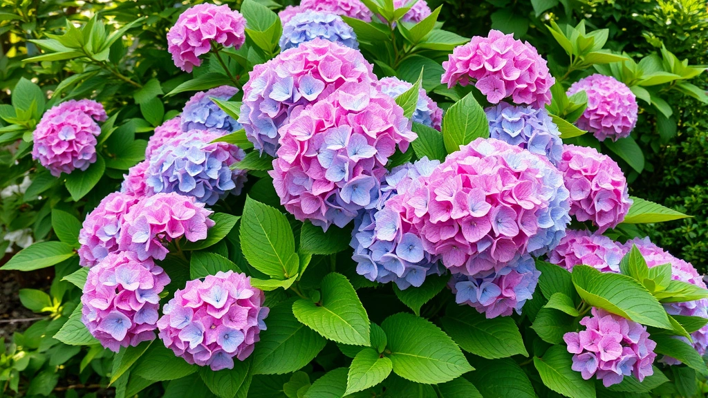 Thriving mature hydrangea shrub with abundant pink and blue flower clusters, full lush green leaves, demonstrating healthy growth in dappled shade garden environment