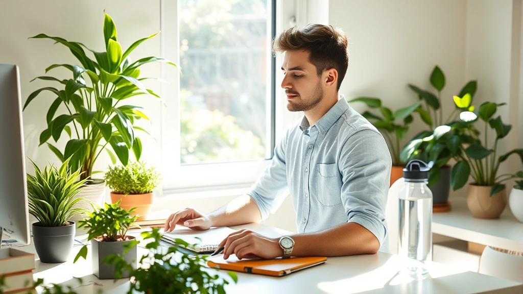 Person sitting at a bright, organized desk with plants, water bottle, and notebook, peacefully focused with natural sunlight streaming in, representing optimal work environment and nutrient-rich productivity setup