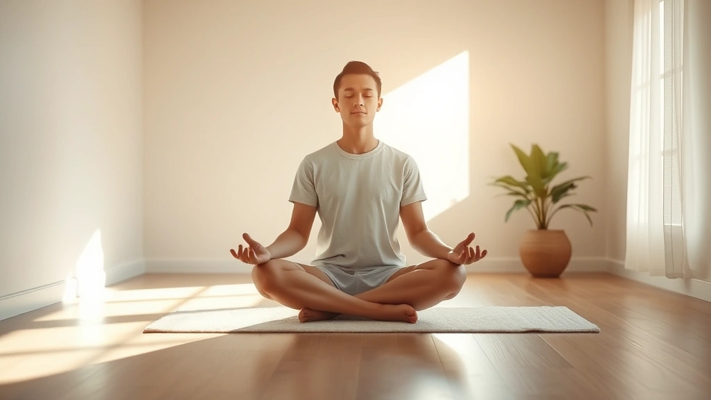 Individual meditating in calm, balanced space with soft lighting and comfortable temperature, radiating emotional equilibrium and mental clarity, representing pH balance and psychological growth conditions