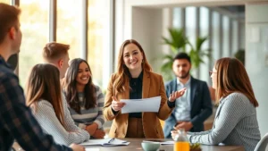 Professional woman confidently presenting her work to a diverse team in a modern office, demonstrating skill mastery and expertise sharing, natural lighting, warm atmosphere