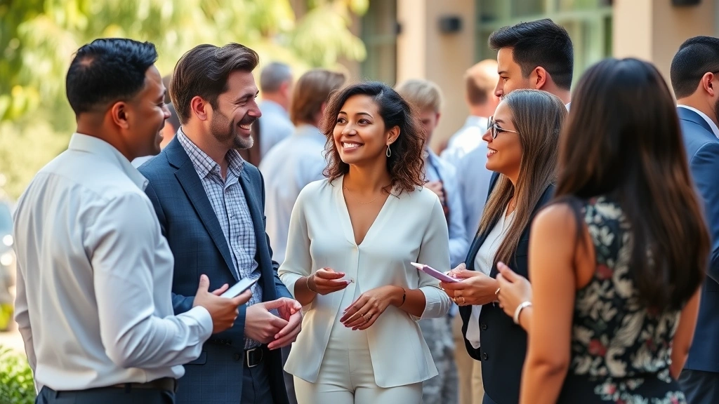 Diverse group of professionals networking at a business event, engaged in genuine conversation and connection, smiling and exchanging ideas, outdoor garden setting, natural daylight