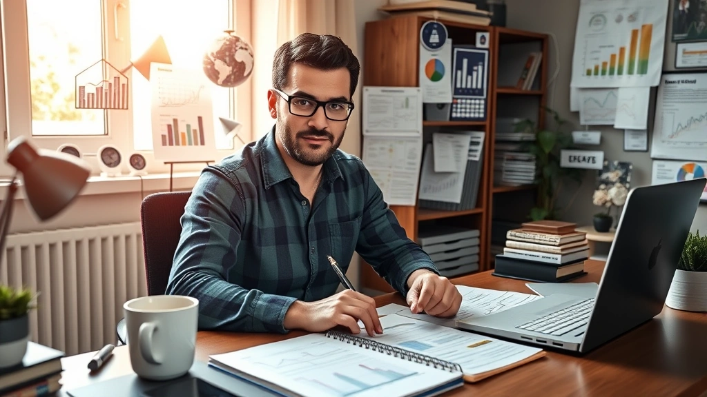Entrepreneur at desk surrounded by multiple projects and income streams visualization, laptop showing growth charts, notebook with plans, coffee cup, focused determined expression, morning light through window