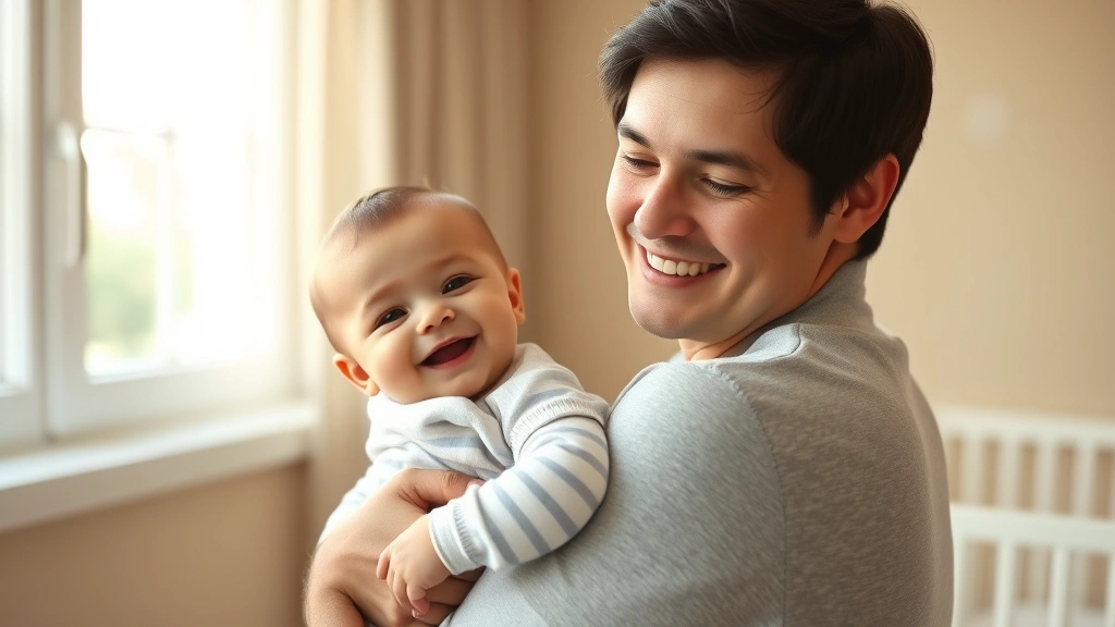 Peaceful parent holding smiling infant against shoulder, soft natural window light, intimate bonding moment, parent looking content and confident, warm neutral nursery background, photorealistic, no text