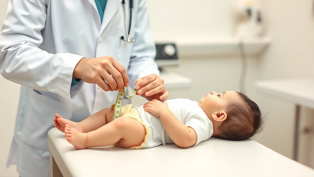 Pediatrician measuring infant's length on examination table, gentle professional care, baby relaxed and calm, clinical but warm environment, measuring tape visible, caring medical professional, photorealistic, no text