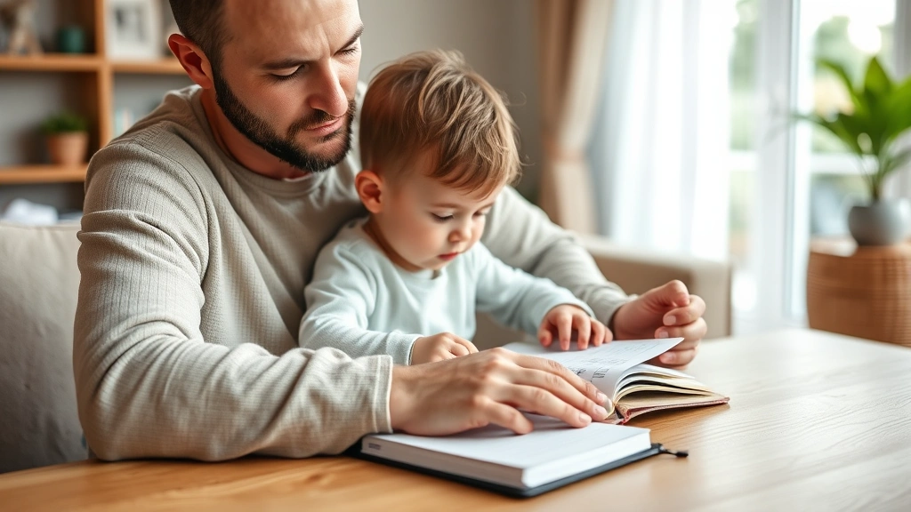 Parent tracking infant measurements in notebook, sitting comfortably at home, organized notes visible on table, focused expression showing engaged parenting, natural lighting, warm home setting, photorealistic, no text