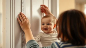 Close-up of a parent's hands gently measuring a smiling infant's height against a doorframe, soft natural lighting, warm home environment, capturing the joy of tracking baby milestones