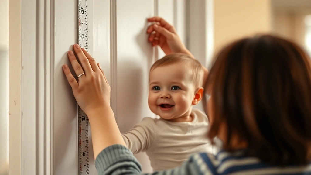 Close-up of a parent's hands gently measuring a smiling infant's height against a doorframe, soft natural lighting, warm home environment, capturing the joy of tracking baby milestones