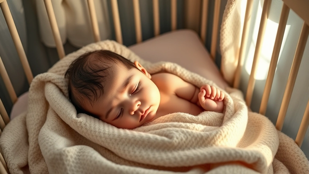 A peaceful infant sleeping deeply in a crib surrounded by soft blankets, serene bedroom lighting, showing restful growth and development during sleep