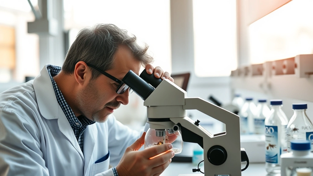 Professional entomologist examining insect specimens under magnification in modern laboratory setting, focused expression, scientific precision, natural lighting from lab windows