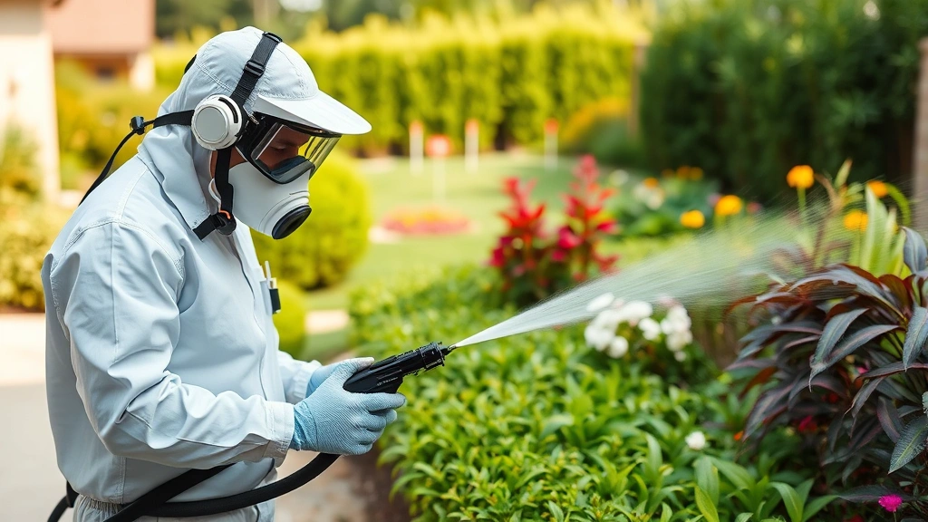 Modern pest control professional applying targeted treatment in residential garden, protective equipment visible, careful precision technique, lush landscape background with safe distance markers