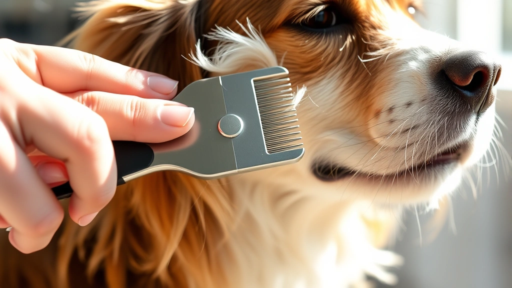 Close-up of a healthy dog's coat being gently brushed with a fine-toothed flea comb, showing the grooming process in natural sunlight, pet owner focused and determined