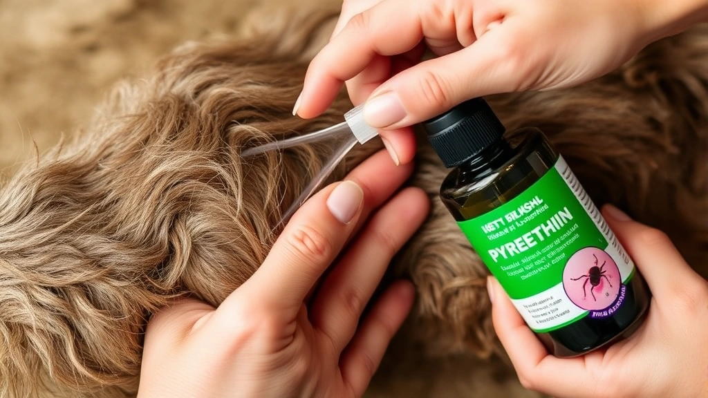 Hands carefully applying natural neem oil or pyrethrin spray to a pet's fur, demonstrating proper treatment technique with concentration and care visible