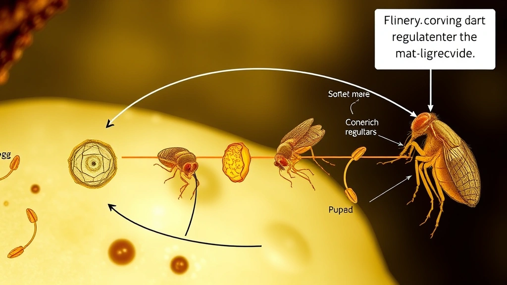 Microscopic or illustrated cross-section showing flea lifecycle stages (egg, larva, pupa, adult) with visual indicators of where growth regulators intervene in the cycle