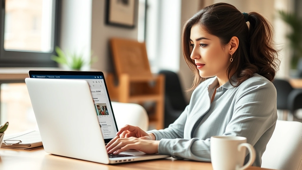 Professional woman reviewing Instagram analytics on laptop, focused expression, modern workspace with natural lighting, coffee cup nearby, warm professional atmosphere