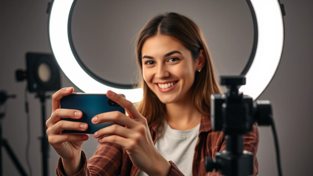Person creating video content with ring light setup, holding smartphone, genuine smile, creative studio environment, soft professional lighting emphasizing content creation