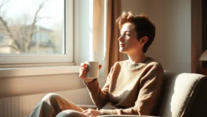 Person sitting peacefully in morning sunlight by a window, holding a warm beverage, appearing focused and contemplative, natural indoor setting with soft lighting, expressing quiet determination and personal reflection