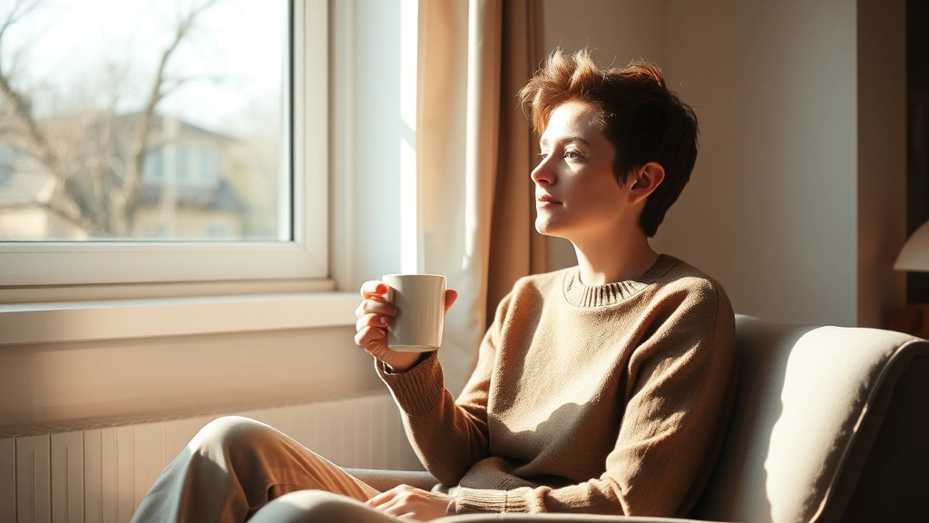 Person sitting peacefully in morning sunlight by a window, holding a warm beverage, appearing focused and contemplative, natural indoor setting with soft lighting, expressing quiet determination and personal reflection