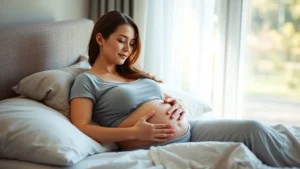 Pregnant woman in peaceful left-lateral rest position on comfortable bed, soft natural light from window, serene expression, hands gently on belly, morning sunlight streaming across face, calm bedroom environment, expecting mother looking relaxed and supported