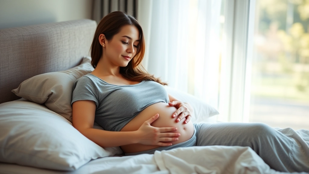 Pregnant woman in peaceful left-lateral rest position on comfortable bed, soft natural light from window, serene expression, hands gently on belly, morning sunlight streaming across face, calm bedroom environment, expecting mother looking relaxed and supported