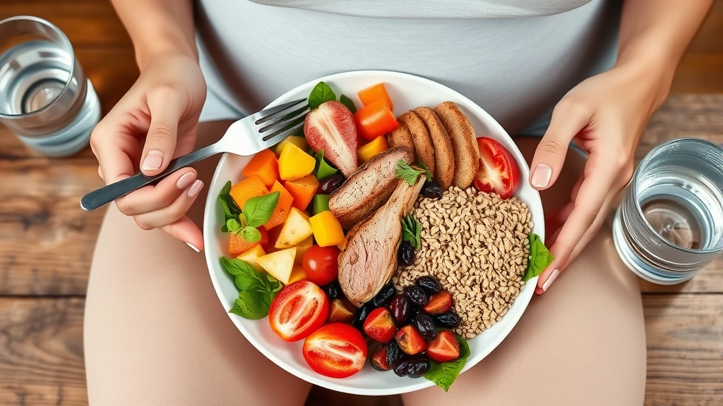 Nutritious meal plate with colorful vegetables, lean protein, whole grains, and fresh fruits arranged beautifully, pregnant woman's hands holding fork, natural wooden table, soft warm lighting, fresh water glass beside plate, healthy pregnancy nutrition visualization