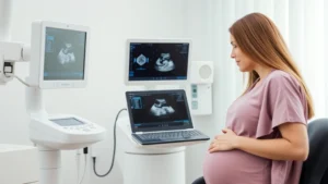 Pregnant woman in medical office with ultrasound technician performing detailed ultrasound scan, showing fetal monitoring equipment, both figures focused and professional, soft natural lighting, emphasizing maternal care