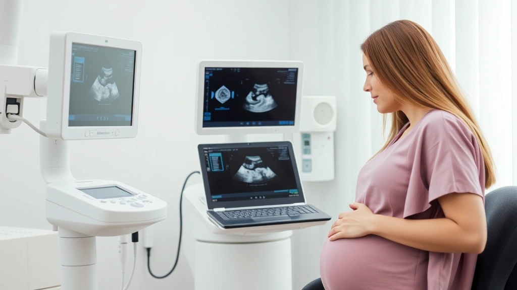 Pregnant woman in medical office with ultrasound technician performing detailed ultrasound scan, showing fetal monitoring equipment, both figures focused and professional, soft natural lighting, emphasizing maternal care