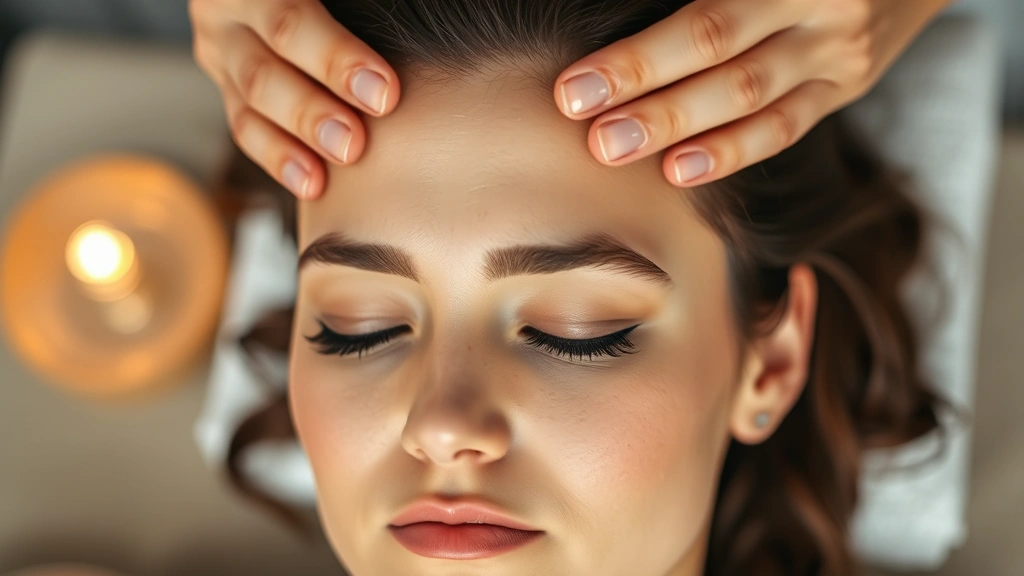 Person performing gentle scalp massage with focused expression, warm lighting, hands visible on temples, peaceful expression showing stress relief and hair care ritual