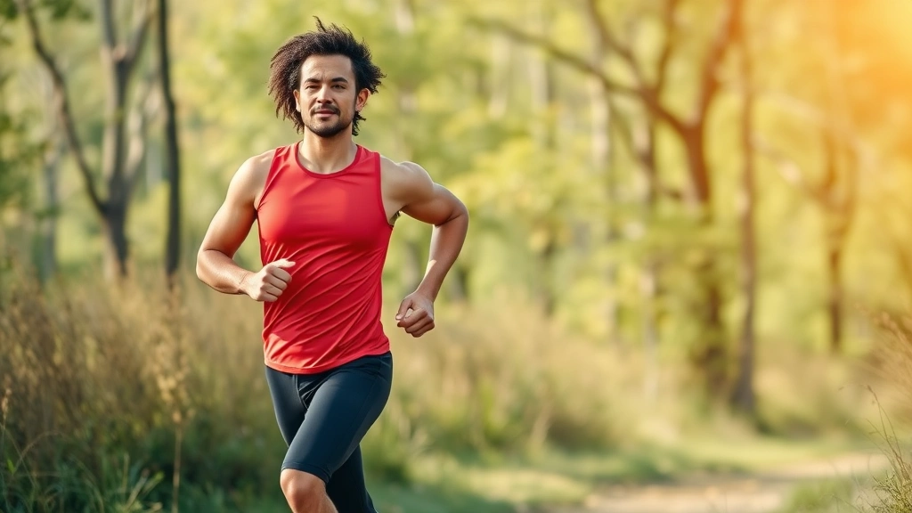Person exercising outdoors jogging through nature, energetic pose, showing cardiovascular health and circulation improvement for natural hair growth