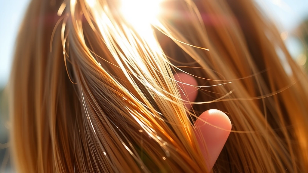 Healthy vibrant hair strands in sunlight showing shine and strength, curled around fingers, demonstrating hair texture improvement, natural lighting, macro photography style