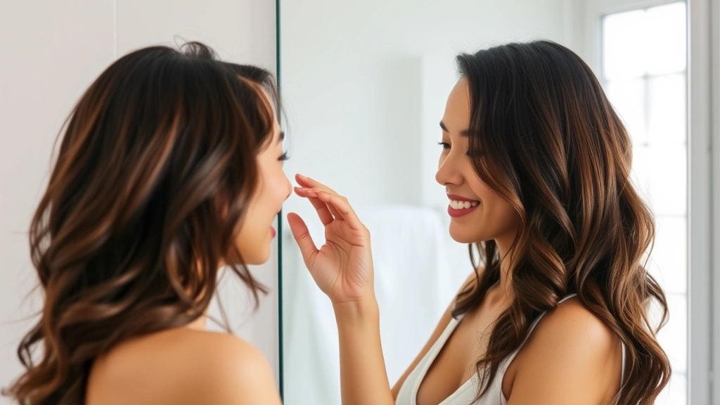 Woman examining hair growth progress in mirror with satisfied expression, touching new growth at roots, bathroom setting, natural daylight through window, before-and-after moment feeling