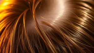 Close-up of healthy hair roots with glistening scalp, warm golden light highlighting hair follicles and natural shine, person with visibly healthy thick hair texture, professional dermatology setting background, photorealistic