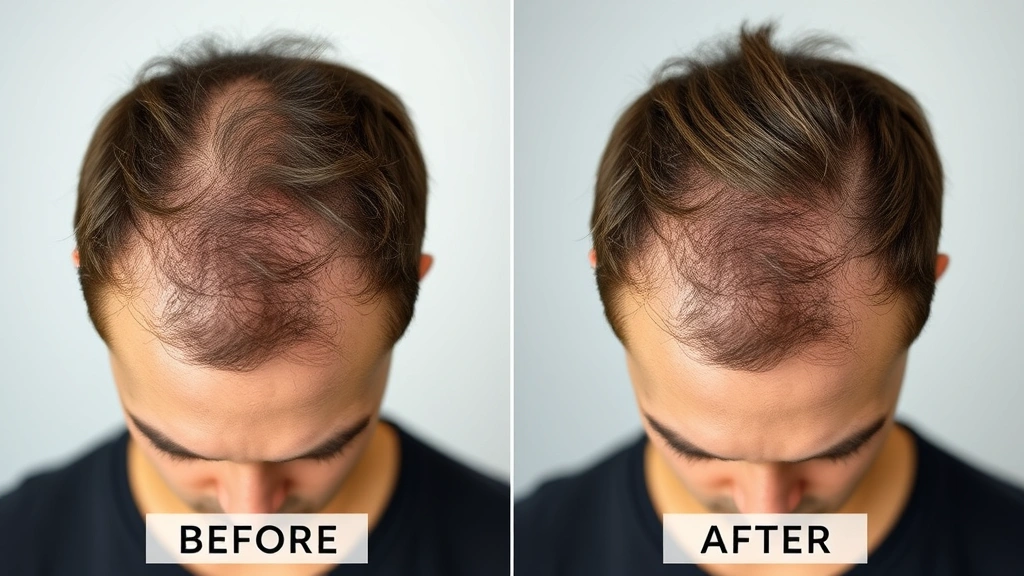 Before and after comparison showing hair density improvement, person with fuller hair volume, healthy scalp condition, professional lighting that emphasizes hair thickness and quality, positive transformation mood, photorealistic