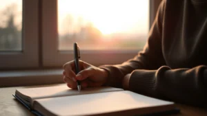 Person writing in journal at sunrise by window, peaceful expression, warm natural light, hands holding pen over open notebook, serene morning atmosphere, growth and reflection mood