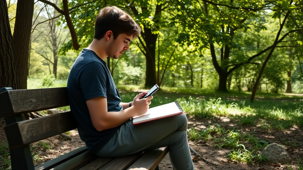 Individual journaling outdoors on wooden bench surrounded by nature, trees and greenery, contemplative posture, sunlight filtering through leaves, peaceful introspection moment