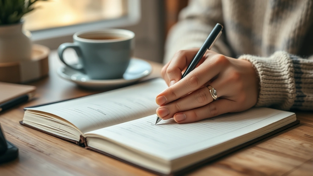 Close-up of hands writing in journal with coffee cup nearby, cozy workspace, soft lighting, focused determination expression, personal development and mindfulness practice visualization