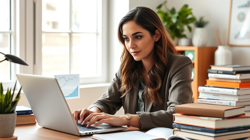 Professional woman reviewing financial charts and growth graphs on a laptop, surrounded by books on personal development and strategy, natural lighting from office window, confident and focused expression