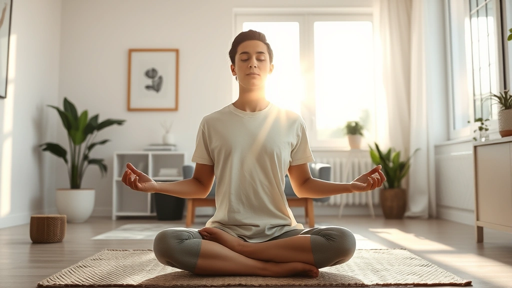Person meditating in a peaceful home environment with morning sunlight, representing resilience and long-term vision, plants and minimalist decor suggesting wellness and intentional living