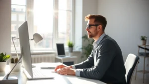 A professional in a bright, minimalist workspace with natural light streaming through large windows, sitting at a clean desk with focused intensity, morning sunlight illuminating their face, embodying peak mental clarity and deep concentration during optimal cognitive hours