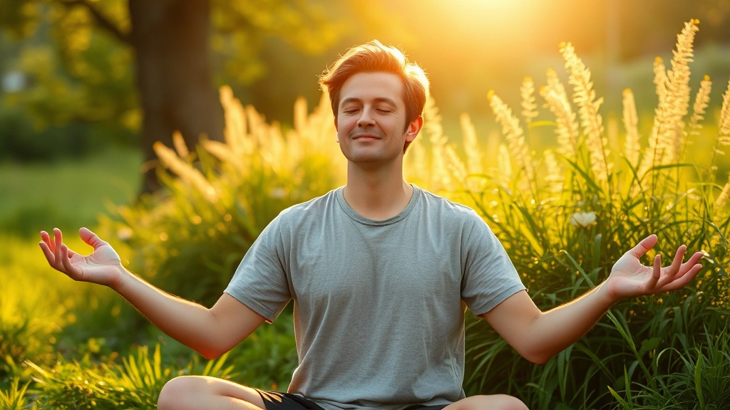 Person meditating outdoors in natural setting, peaceful expression, surrounded by greenery, demonstrating mental clarity and recovery, golden hour lighting, serene mindful moment capturing energy restoration