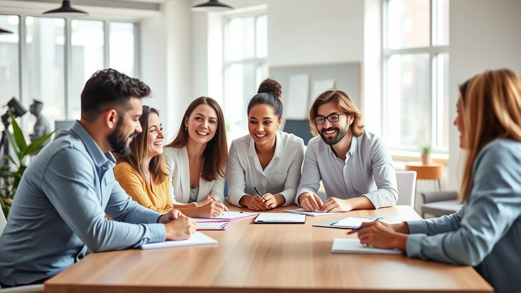 Diverse team collaborating in bright modern workspace, engaged in discussion at table with notebooks, positive energy and teamwork, natural lighting, showing accountability and supportive environment for productivity