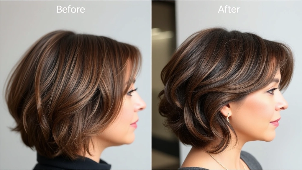 Before and after transformation subtle indicators: side profile of person with noticeably fuller, thicker hair with improved texture and shine, natural lighting highlighting hair health and volume, professional portrait photography