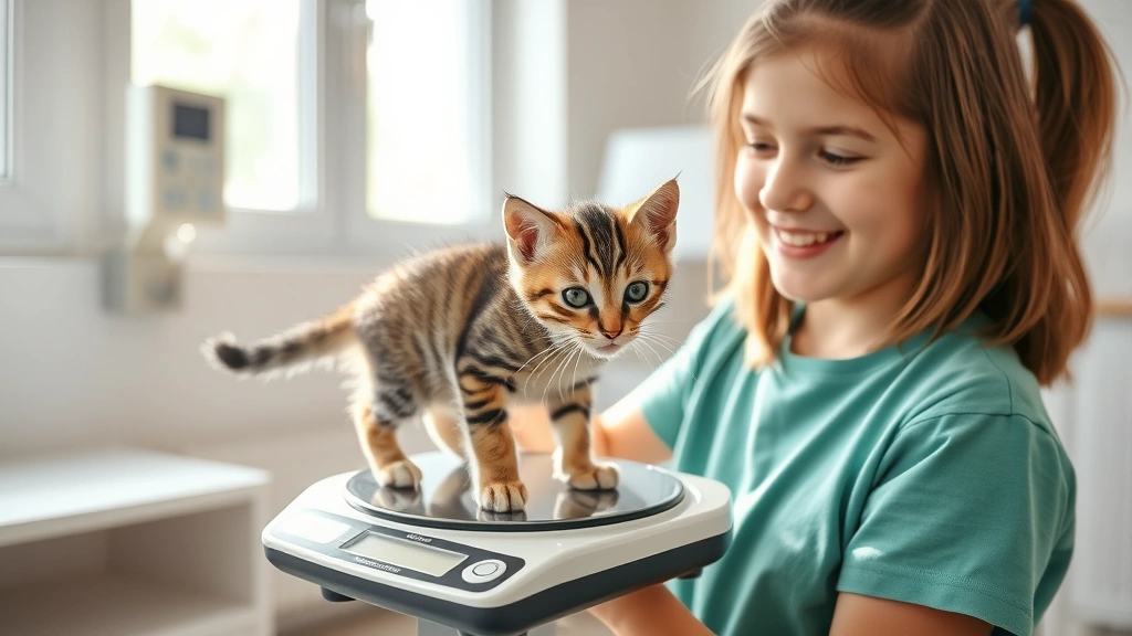 A young person carefully measuring a playful tabby kitten on a digital scale in a bright, clean veterinary clinic setting, smiling with focused concentration, natural sunlight streaming through windows