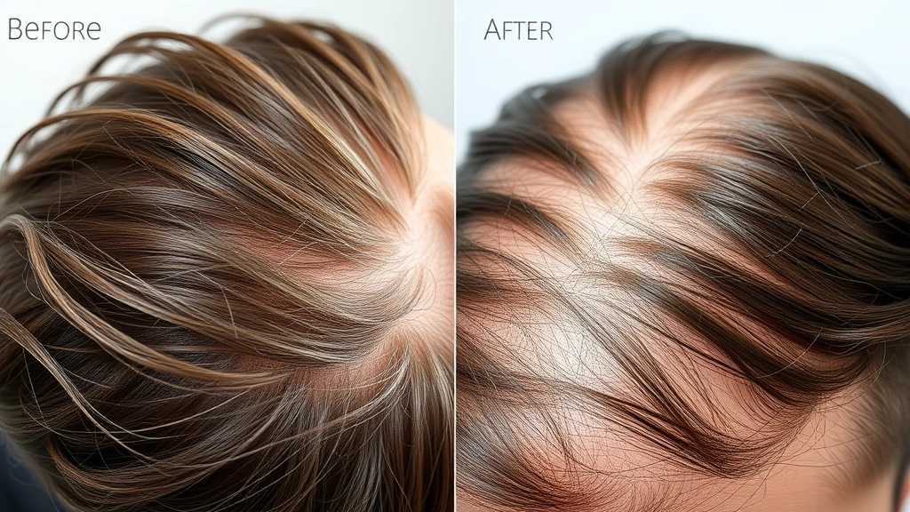 Before and after side-by-side comparison showing hair density improvement, close-up of hair strands and scalp health progression over time, scientific photography style, no text overlays, showing natural hair growth results