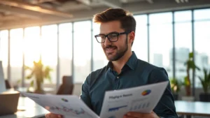 Professional person in modern LA office environment, morning sunlight through large windows, looking at growth charts and planning documents, confident expression, natural lighting, photorealistic