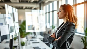 Professional woman in modern LA office environment looking at vision board with determination, natural window lighting, contemporary workspace setting, focused expression, professional attire